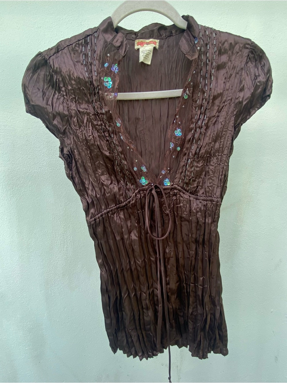 Y2K Fairy Textured Brown Satin Beaded Lace Drawstring V-neck Blouse Medium